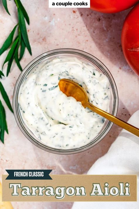 This tarragon aioli is full of bright, herbaceous flavor! Here’s how to blend fresh tarragon into a creamy, versatile sauce that’s perfect for dipping, spreading, or drizzling. We love it on sandwiches, as part of a veggie tray, and more! Tarragon Aioli Recipe, Tarragon Aioli, Best Fish Recipes, A Couple Cooks, Winter Salad Recipes, Spices Recipes, Aioli Recipe, Pesto Pizza, Couple Cooking