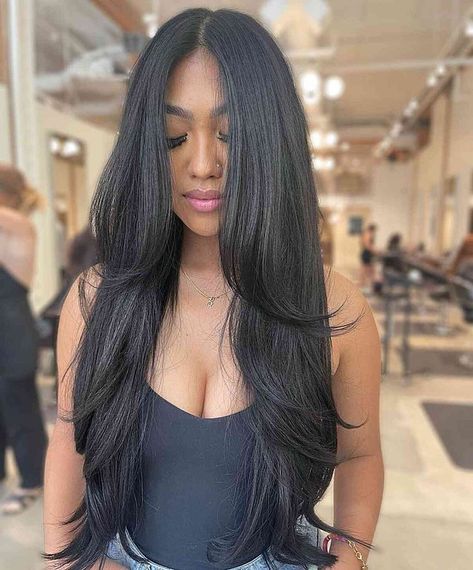 Long Hair V Cut With Layers, Black Long Layered Hair, Long Black Haircut, Waist Length Hair With Layers, Long Black Hair With Layers, Baddies Hairstyle, Long Hair V Cut, Black Hair Layers, Hip Length Hair