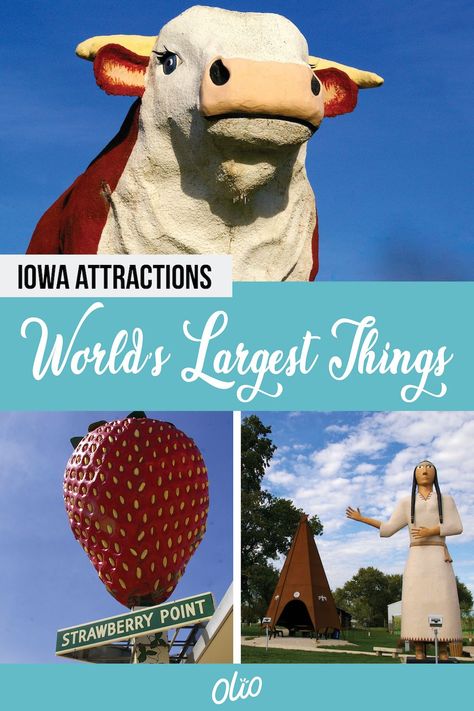 There are some many world's largest things in Iowa! From gigantic statues to odd-shaped foods, Iowa is full of road trip worthy offbeat attractions, including the World's Largest Strawberry, World's Largest Ball of Popcorn and more. #Iowa #RoadsideAttractions Iowa Road Trip, Things To Do In Iowa, Decorah Iowa, Iowa Travel, Dubuque Iowa, Cedar Rapids Iowa, Midwest Travel, American Road Trip, Des Moines Iowa