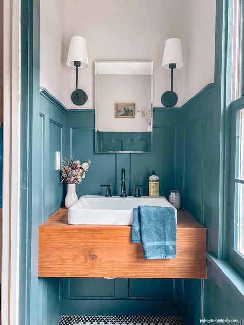 Moody Powder Room, Half Bath Makeover, Powder Room Renovation, Farmhouse Trends, Powder Room Makeover, Benjamin Moore Colors, Floating Vanity, Unique Bathroom, Room Renovation