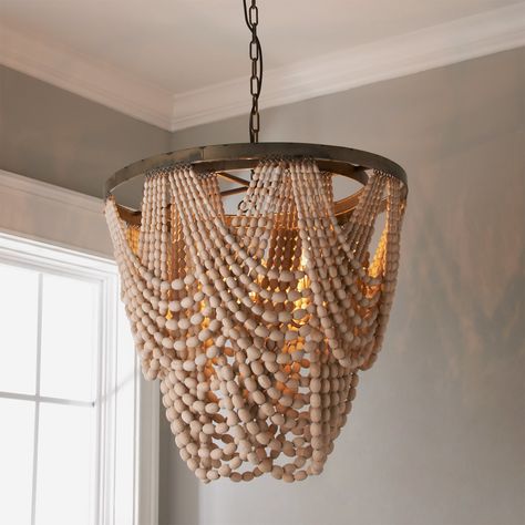 Beaded Drape Curl Chandelier - Shades of Light Rustic Remodel, Chandelier Lamp Shades, Chandelier Rustic, Bead Chandelier, Wood Bead Chandelier, Farmhouse Chandeliers, Rustic Light, New Flooring, Lampshade Chandelier