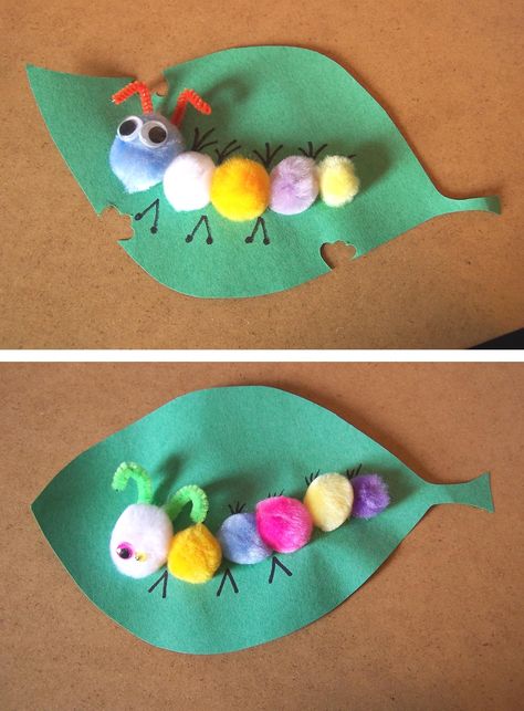 Pompom Caterpillars Caterpillar Fingerprint Art, Pom Pom Caterpillar Craft, Finger Print Caterpillar, Caterpillar Pom Pom Craft, Fuzzy Caterpillar, The Very Hungry Caterpillar Activities, Hungry Caterpillar Activities, Bugs Preschool, Ribbon Flower Tutorial