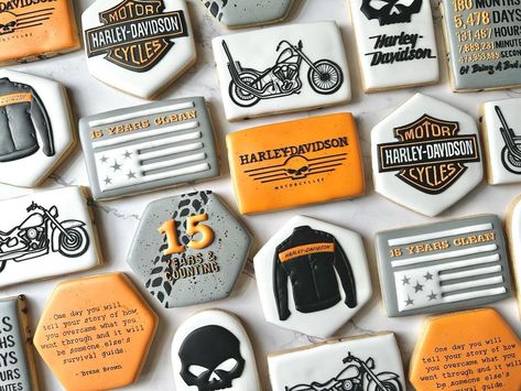 This was an extra special set for my husband’s Harley Davidson loving uncle who celebrated 15 years clean in March! I was so honored to be… | Instagram Harley Davidson Cookies, Harley Cookies, Positive Changes, Cookies Decorated, My Husband, Cookie Decorating, Sugar Cookies, Shower Ideas, First Birthdays