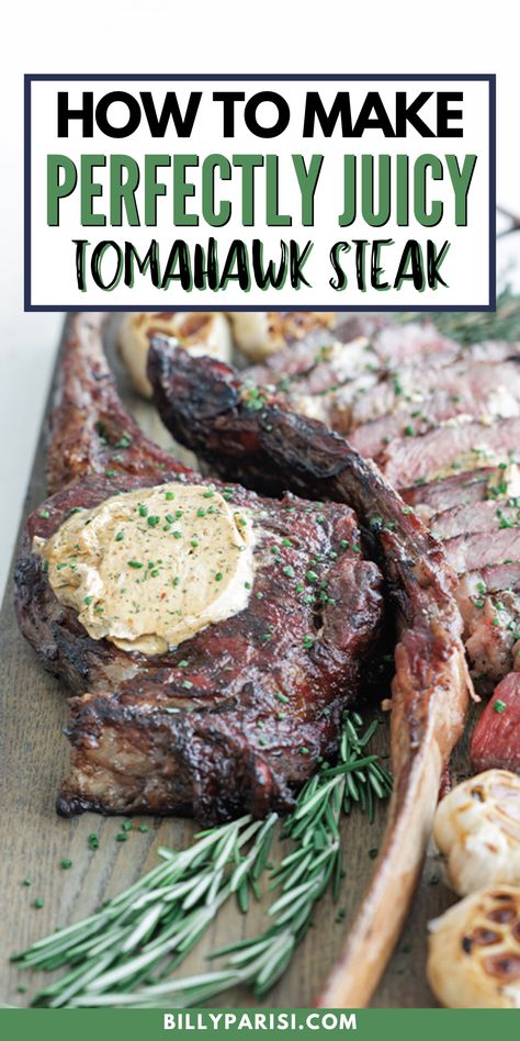 Learn how to make perfectly juicy tomahawk steak at home. This restuarant quality steak is reverse seared and then grilled to a medium-rare internal temperature for perfect procedures for a juicy, flavorful, tender cut of beef. This steak is perfect for special occasions, like Father's Day, and it will impress family and friends. Best Tomahawk Steak Recipe, Oven Tomahawk Steak, Bbq Tomahawk Steak, How To Grill Tomahawk Steak, Tomahawk Steak Cast Iron Skillet, Tomahawk Steak Recipe Cast Iron, Cooking A Tomahawk Steak, How To Cook Tomahawk Steak On Grill, Tomahawk Steak Recipes