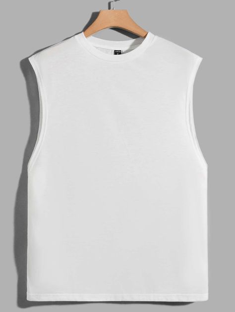 White Basics  Sleeveless Cotton Plain  Embellished Slight Stretch Spring/Summer Men Tops Stray Kids Outfits, Mens Work Outfits, Shein Basics, Nba Fashion, White Sleeveless Top, Solid Tank Tops, Tank Top White, Sleeveless Tee, Top Tank