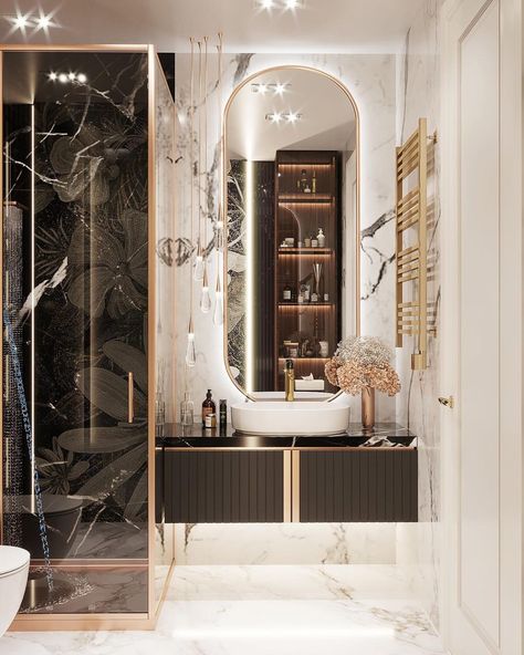 MAISON VALENTINA: This bathroom design by Juli Interiors l... Neoclassic Interior, Backlit Bathroom Mirror, Shower Mirror, Wall Panels Bedroom, Luxurious Room, Washroom Design, Wood Marble, Bathroom Design Decor, Neo Classic