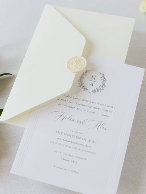 This modern Triple Embossed card has a modern twist to it with the Olive wreath on top for your monogram and classic typography its classic yet modern. The Wax Seal ties all the elements toghter on the envelope. Card size: 195 x 140mm; (7.7 x 5.5 inch) Material: Snow White 300 gsm Card Wax Seal in Pearl Finish Thickness of the paper: 300 gsm Items: Day Invitation + Envelope Included in price: Personalisation with bride & groom's names on the invitation, coloured printing & design of the insert, blind embossed frame. Additional charges: Delivery (location-dependent) STANDARD WAX SEAL : Please note within the price we offer the standard font of 2 letters to be used as per letter options or a leaf motif which shown in the images If you wish to have a bespoke seal made you can have a further l Envelope Wedding Invitation, Embossed Wedding Invitations, Timeless Wedding Invitations, Olive Wreath, Classic Typography, Invitation Envelope, Classic Wedding Invitations, Wedding Menu Cards, Frame Card