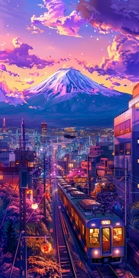 A stunning illustration of the Tokyo cityscape, featuring a vibrant nightlife atmosphere with a train winding through the city and a majestic mountain in the background. The purple sky and colorful, anime-style aesthetic bring this highly detailed digital art piece to life, capturing the essence of Tokyo in all its energetic beauty. 🌆🚄🌸 #TokyoNights #AnimeArt #VibrantCity DigitalArt #AnimeStyle #CityscapeArt #NightlifeVibes #TokyoLife #ColorfulAesthetics #PurpleSky #ToyoItsuStyle Animated Tokyo City, Tokyo Background Aesthetic, Japan City Aesthetic Anime, Tokyo City Wallpaper, Tokyo City Night Aesthetic, Tokyo City Aesthetic, Pretty Wallpapers Backgrounds Aesthetic, Tokyo Japan Aesthetic, Japan Tokyo Aesthetic