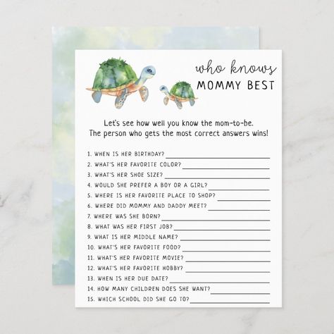 Sea Turtle - Who knows mommy best game Turtle Baby Shower Theme Girl, Turtle Themed Baby Shower Ideas, Sea Turtle Baby Shower Ideas, Turtle Baby Shower Decorations, Turtle Baby Shower Theme, Who Knows Mommy Best Game, Baby 2024, Turtle Baby Shower, Ocean Baby Showers