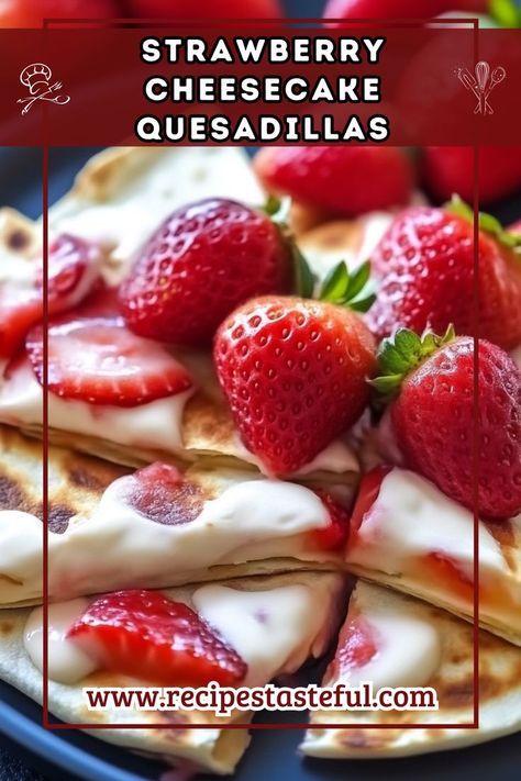 Indulge in the deliciously sweet and creamy Strawberry Cheesecake Quesadillas. This decadent dessert combines cream cheese, fresh strawberries, and warm tortillas for a delightful twist on a classic treat. Perfect for a quick snack or dessert! Cheesecake Quesadilla, Cream Cheese Breakfast, Cheese Quesadillas, Breakfast Quesadilla, Cheese Quesadilla, Strawberry Cream Cheese, Strawberry Sauce, Quick Snack, Fresh Strawberries