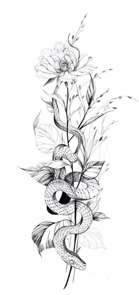 Flowers With Snake Tattoo, Fineline Snake Tattoo, Snake With Flowers Tattoo, Snake Spine Tattoo, Snake And Flowers Tattoo, Snake And Flowers, Flower Spine Tattoos, Hip Thigh Tattoos, Snake Tattoo Design