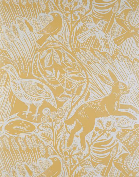 St Jude Fabric, Hare Wallpaper, Wallpaper With Birds, Mark Hearld, L Wallpaper, Textil Design, Yellow Bedroom, Wallpaper Pastel, Yellow Wallpaper