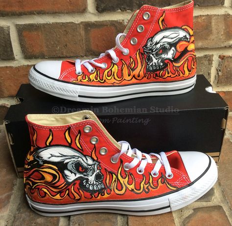 I am clearing out my stash! My loss is your gain. Lots of items to go, so keep checking back! Here is a custom painted pair of Mens size 13 Red painted converse high tops with skulls and flames painted on them. Perfect for Back to school! 125.00 shipped! They retail on etsy for twice that when painted custom. These are ready to ship! Converse Custom Art, Painted Converse High Tops, Hd 883 Iron, Painted Flames, Custom Converse Shoes, Painted Converse, Converse Tennis Shoes, Converse Custom, Custom Painted Shoes