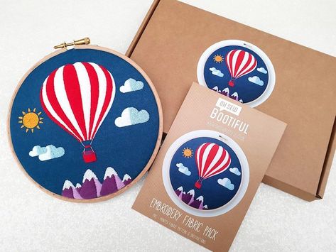 Ballon Embroidery, Hot Air Balloon Embroidery, Air Balloon Embroidery, Mountains Embroidery, Balloon Embroidery, Stamped Embroidery Kit, Needlecraft Patterns, Pattern Stamping, Wooden Embroidery Hoops