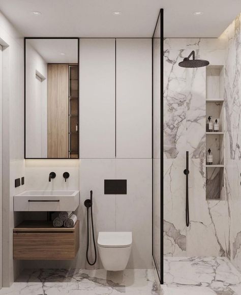 Alley Bathroom Ideas, White And Wood Bathroom, Small Washroom Design, Small Washroom, Minimalist Small Bathrooms, Small Space Bathroom Design, Small Bathroom Interior, Bathroom Design Layout, Small Space Bathroom