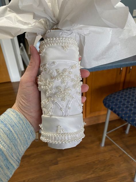 Made from her mom’s wedding dress. Bridal Bouquet Wrap, Upcycled Wedding Dress, Upcycled Wedding, S Wedding Dress, Wedding Dress Crafts, Bridesmaid Boxes, Ring Bearer Pillow, Bouquet Wrap, Dress Crafts