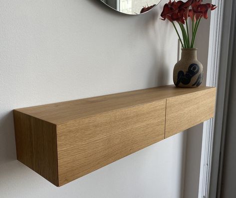 Floating Entryway Shelf With Hidden Drawers Made of Solid Oak | Etsy Ireland Floating Entrance Table, Floating Shelf Console, Entrance Cabinet Design Entryway, Floating Shelves With Drawers, Floating Entry Table, Floating Shelf Entryway, Entry Niche, Floating Dresser, Entrance Shelf