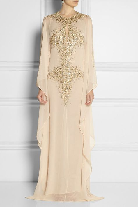 KAUFMANFRANCO | Embellished silk-chiffon kaftan-style gown | NET-A-PORTER.COM Chiffon Kaftan, Kaftan Gown, Stile Hijab, Moroccan Fashion, Kaftan Style, Mode Abaya, Islamic Fashion, Muslimah Fashion, Abaya Fashion