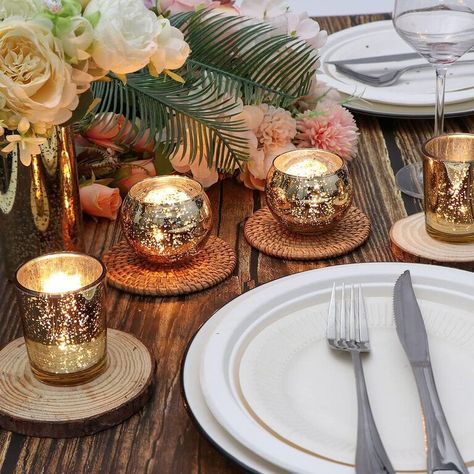 What sits on your engagement party tables matters. Engagement Party Centerpieces, Gold Votive Candle Holders, Gold Votive Candles, Gold Wedding Centerpieces, Centerpieces For Tables, Mercury Glass Candles, Mercury Glass Candle Holders, Gold Candle Holders, Gold Bridal Showers