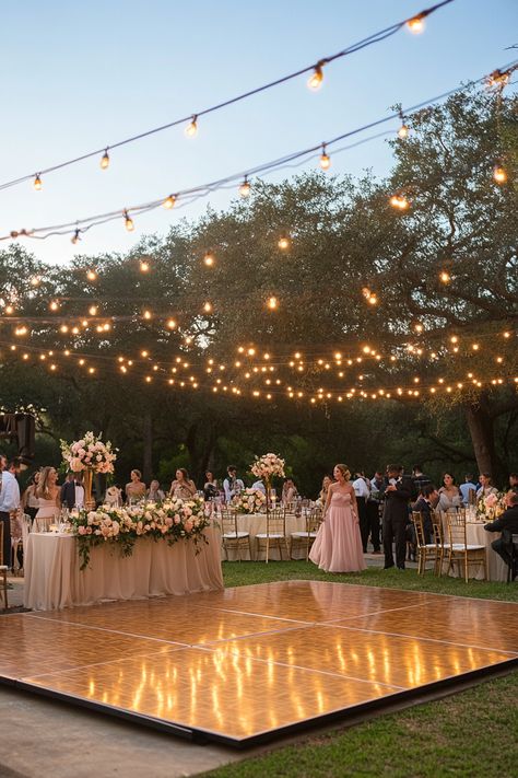 Flower Dance Floor Wedding, Outdoor Dance Floors Wedding, Wedding Dance Floor Beach, Small Wedding Dance Floor, Lights Over Dance Floor Wedding, Dance Floor Wedding Decor, Dance Party Wedding, Beach Wedding Dance Floor, Diy Dance Floor Wedding