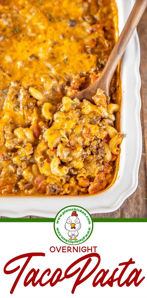 Overnight Taco Pasta – a new family favorite! It is on repeat in our house! Taco mac & cheese with Velveeta and Rotel. YUM! Just dump everything in the casserole dish and refrigerate overnight. No boiling the noodles! Taco meat, cream of chicken, milk, chicken broth, Velveeta, Rotel, taco seasoning, elbow macaroni, and Mexican cheese blend. #macandcheese #taco #mexican #macaroni Mexican Macaroni, Velveeta Rotel, Taco Mac, Mexican Chopped Salad, Taco Mac And Cheese, Milk Chicken, Spaghetti Casserole Recipe, Taco Mexican, Taco Spaghetti