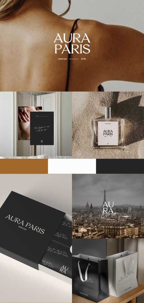 Elegant, feminine, luxury logo design and brand identity for Aura Paris. Perfume Branding #LogoPortfolio #LuxuryLifestyle #LuxuryInspiration Perfume Identity Design, Perfume Branding Design Logo, Luxury Perfume Branding, Perfume Bottle Design Packaging, Perfume Graphic Design, Paris Brands, Perfume Brand Identity, Perfume Branding Design, Perfume Brand Logo