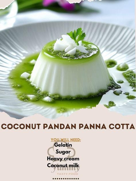 🥥🍮 Coconut Pandan Panna Cotta: Indulge in the creamy, tropical delight of coconut and pandan! 🍃🍮 #DessertHeaven #TropicalFlavors Coconut Pandan Panna Cotta Ingredients: Coconut milk (400ml) Heavy cream (200ml) Sugar (1/2 cup) Gelatin (1 tbsp) Pandan extract (1 tsp) Water (1/4 cup) Instructions: Bloom gelatin in water. Heat coconut milk, cream, and sugar until dissolved. Add gelatin and pandan extract. Pour into molds and chill until set. 🍃 Dive into the smooth and refreshing taste of this... Pandan Dessert, Buko Pandan, Milk Cream, Indian Desserts, Dessert Drinks, Cream And Sugar, Food Plating, Coconut Cream, Heavy Cream