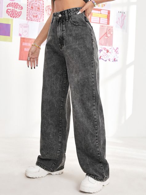 Black  Collar  Denim Plain Wide Leg Embellished Non-Stretch  Women Denim Celana Jins, High Waist Wide Leg Jeans, Jeans Outfit Women, Shein Icon, Populaire Outfits, Cute Pants, Quick Outfits, Easy Trendy Outfits, Modieuze Outfits