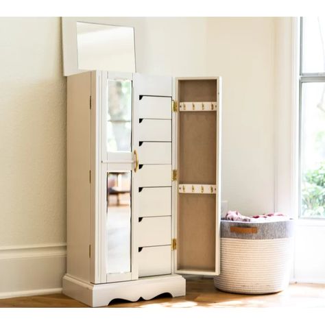 Ophelia & Co. Altenburg Chelsea Free Standing Jewelry Armoire with Mirror & Reviews | Wayfair White Jewelry Armoire, Armoire With Mirror, Jewelry Armoires, Chic Bedrooms, Mirrored Doors, Standing Jewelry Armoire, Mirror Jewelry Armoire, California King Mattress, French Mirror