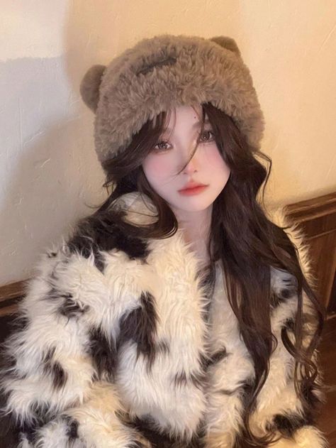 New Korean Style Winter Knitted Hat With Cute Bear Ears, Striped Woolen Cap, Thickened And Fleece-Lined, Fashionable, Warm And Ear-Protective, Suitable For All Faces Black,Khaki,White,Coffee Brown Casual,Cute,Elegant,Street,Boho,Vintage   Polyester    Fall,Winter,Fall/Winter Women Accessories, size features are:Bust: ,Length: ,Sleeve Length: Korean Style Winter, Woolen Cap, Korean Accessories, Wig Hat, Winter Knit Hats, Bear Ears, Style Winter, Women's Beanie, Knit Cap