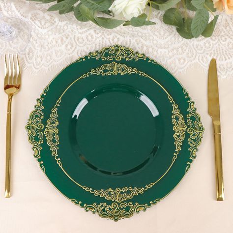 10 Pack | 8" Round Plastic Salad Plates Hunter Green | efavormart Salad Dinner, Disposable Plastic Plates, Quinceanera Themes, Embossed Pattern, Style Baroque, Leaf Plates, Dessert Salads, Flower Party, Disposable Plates