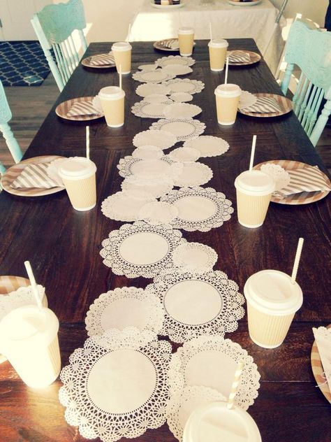 Using paper doilies as a table runner - genius. Perfect for a little girls party but would be great for a bridal shower or even a simple tea party. refugemarketing.com Party Paper Flowers, Simple Table Runner, Table Runner Decor, Outdoor Bridal Showers, Paper Table Runner, Simple Bridal Shower, Tafel Decor, Bridal Shower Tables, Girls Tea Party