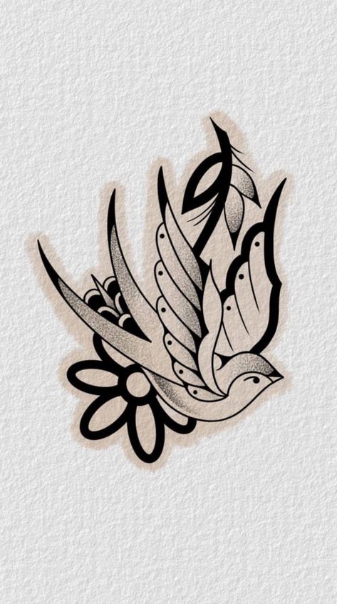 Neo Traditional Sparrow Tattoo, American Traditional Bird Tattoo Black, Trad Backpiece Tattoo, Old School Tattoo Bird, Bird Tattoo Traditional, Old School Flower Tattoo, Stipple Tattoo, Traditonal Tattoo, Traditional Tattoo Stencils