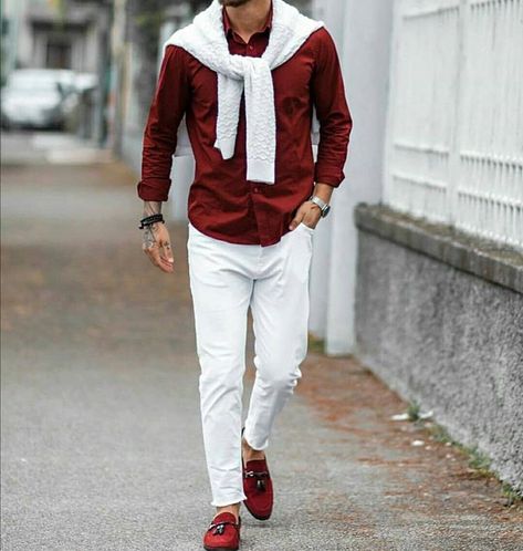 What kind of men’s casual fashion style are you looking for? You can choose either shirt long sleeve, mens pants casual or mens shoes casual sneakers as your basics, which will make your casual wear simple and streamlined. Outfits with flannel and distressed jeans outfit are also trendy. #casual dress guidelines #own casual mens style #casual style guide #mens fashion styles outfits #denim jacket outfit #guycasual #fashionstylemen #mensfashionstyling #manshion #menswear Outfit Pantalon Rojo, Best Casual Wear For Men, Banquet Outfit, Red And White Outfits, Party Outfit Men, Dapper Mens Fashion, White Pants Outfit, Men With Street Style, Mens Fashion Blog