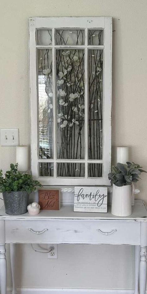 We Love Farmhouse! | Saw a cute idea on Pinterest for old windows | Facebook Faux Window Ideas, Antique Window Decor, Diy Old Windows Ideas, Window Pane Ideas, Old Window Ideas, Old Window Crafts, Window Pane Decor, Old Wood Windows, Old Window Decor