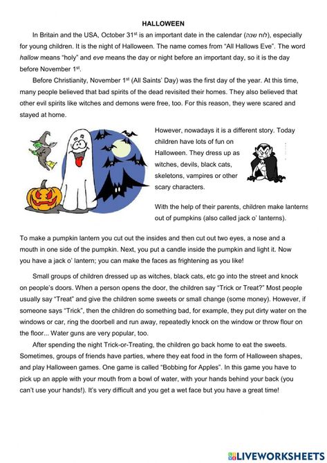 Fall Reading Comprehension Worksheets, Homeschool October, Halloween English Worksheets, Bat Reading Comprehension, Halloween Esl, History Of Halloween Worksheets, Halloween Reading Comprehension, Hallowen Crafts, English For Students