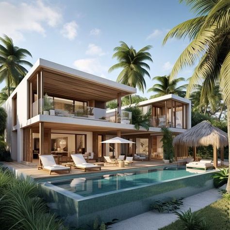 This modern Tropical Balinese-Inspired exterior design has amazing touches of Tulum styling. From the earthy tone and other natural materials, this design ensure you to have a perfect living in paradise! Tropical House Exterior, Beach Villa Design, Balinese Villa, Bali Architecture, Bali Style Home, Tropical Beach Houses, Modern Tropical House, Tropical House Design, Luxury Exterior