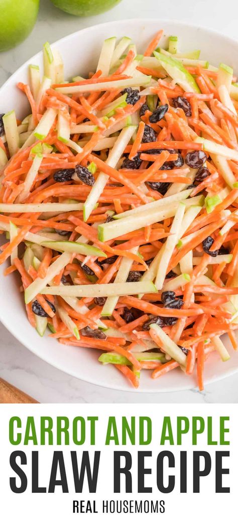 The ultimate summer side dish - Crunchy, crisp Carrot and Apple Slaw! It’s sweet, fresh, healthy & easy. But mostly, it’s oh so SCRUMPTIOUS! #RealHousemoms #carrot #apple #raisin #slaw #colelsaw #sidedish #summer #memorialday #4thofjuly #laborday #cookout #camping #tailgating Carrot Apple Slaw Recipes, Carrot Slaw With Raisins, Apple Carrot Raisin Salad, Sweet Carrot Salad, Apple And Carrot Salad, Carrot Raisin Salad Recipes, Carrot Salads, Carrot Apple Slaw, Apple Carrot Salad