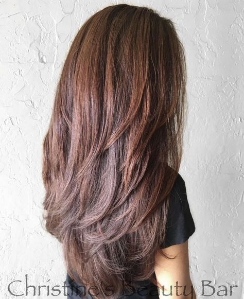 Reddish Brown Style with Long V-Cut Layers Trendy Layered Hairstyles, Hairstyles Layered, Framing Bangs, Front Pieces, Cut Layers, Haircuts For Long Hair With Layers, Layered Hairstyles, Long Layered Haircuts, Long Brown Hair