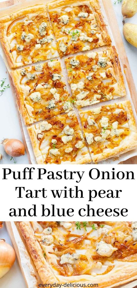 Puff Pastry Onion Tart with pear and blue cheese. Delicious savory puff pastry tart. #puffpastry #puffpastrytart #caramelizedoniontart #caramelizedonions Pumpkin And Ginger Soup, Pear And Blue Cheese, Puff Pastry Recipes Savory, Savory Puff Pastry, Caramelised Onion Tart, Rough Puff Pastry, Pastry Appetizer, Puff Pastry Desserts, Onion Tart