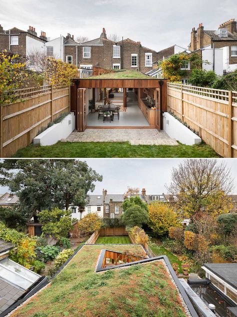 A modern home extension with a green roof, minimalist interior, and warm wood window frames. Eco Roof, Living Wall Garden, Green Roof Design, Flat Roof Design, Flat Roof Extension, Grass Roof, Home Extension, House In London, Roof Extension