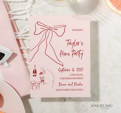 Bow Hens Party Invitation Template Editable Red Pink Hens Do Bow Coquette Bachelorette Party Hens Night Bridal Shower Invite Hand-Drawn Coquette Bachelorette, Hens Party Invitations, Dinner Setting, Bow Coquette, Hens Party, Party Bachelorette, Bachelorette Party Invitations, Hens Night, Hen Do