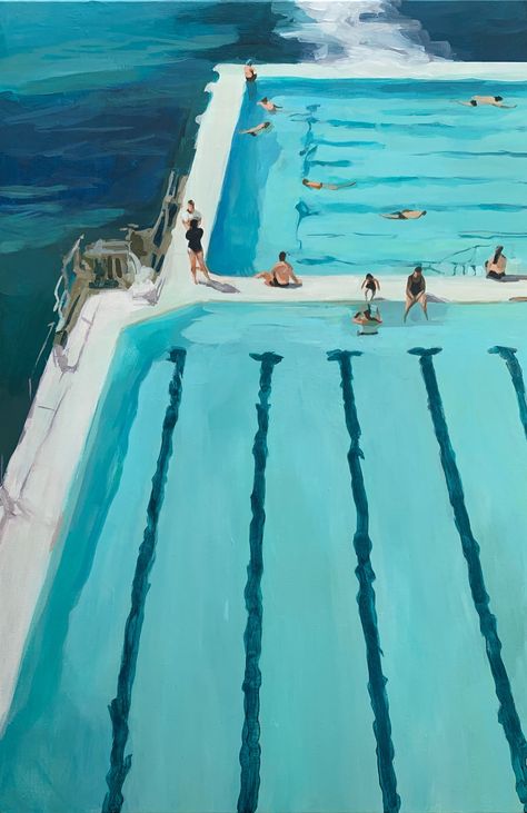 Bondi Beach Painting, Pool Art Painting, Swimming Painting Art, Oil Painting Summer, Long Painting Ideas, Pool Watercolor, Swimming Painting, Spain Painting, Pool Painting