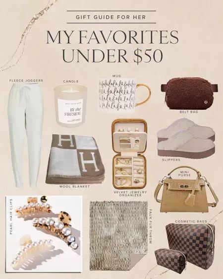 GIFTS for HER \ my favorites under $50! These Christmas gift ideas for mom, sister, girlfriend, friend or wife is the perfect list of affordable finds she'll love! | SBK Living Christmas Gift Ideas For Mom, Gift Ideas For Mom, Pearl Hair Clip, Faux Fur Throw, Affordable Home Decor, Christmas Gift Ideas, Pearl Hair, Holidays Thanksgiving, Fleece Joggers