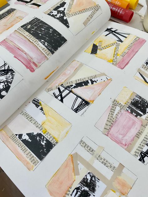 Grid Journaling Ideas, Grid Journal Ideas, Grid Journaling, Mixed Media Collage Artwork, Mixed Media Sketchbook, Mono Printing, Sue Johnson, Grid Art, Grid Journal