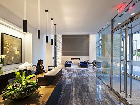 Boston Apartments in Suffolk County, Massachusetts | Avalon Exeter Apartment Complex Lobby, Building Lobby Design, Apartment Building Lobby, Basement Apartment Decor, Small Basement Apartments, Modern Lobby, Chic Apartment Decor, Luxury Apartment Building, Apartment Lobby