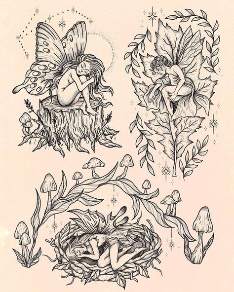 Earthy Fairy Tattoo, Woodland Fairy Tattoo Sleeve, Fairy Tattoo With Flowers, Enchanted Forest Tattoo Fairies, Fairy Toadstool Tattoo, Fairy Floral Tattoo, Fairy Finger Tattoo, Fantasy Themed Tattoos, Fairy Theme Tattoo