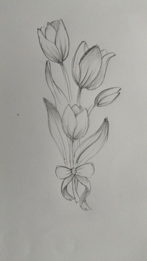 Floral Pencil Sketch, Tulip Sketch Simple, Tulip Drawing Pencil, Tulips Drawing Sketch, Tulip Bouquet Drawing, Spring Drawing Easy, Flower Drawing Bouquet, Simple Flower Sketch, Flower Sketches Simple