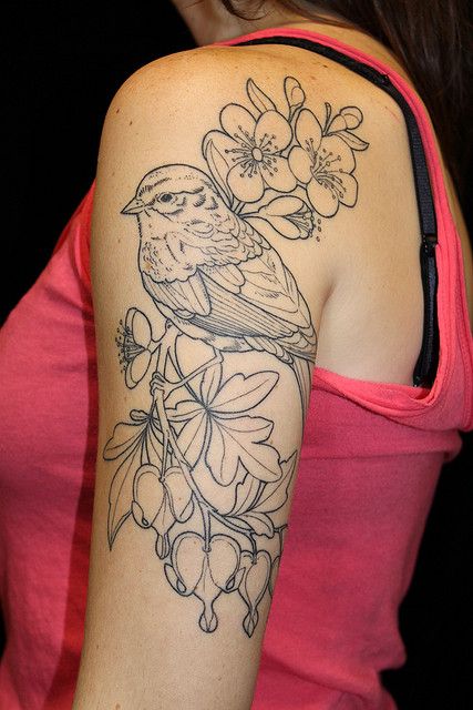 Bird w/ Cherry Blossoms and Bleeding Hearts (Done, For Now...) by Shannon Archuleta, via Flickr Botanisches Tattoo, Bluebird Tattoo, Sparrow Tattoo, Muster Tattoos, Tatuaje A Color, Botanical Tattoo, Flowers Tattoo, Tattoo Sleeve Designs, Pattern Tattoo