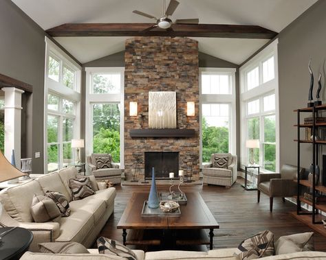 Living Room Fireplaces Design, Pictures, Remodel, Decor and Ideas - page 19 Stone Fireplace With Windows On Sides, Dark Mantle, Dark Beams, Stone Fireplace Decor, Window Fireplace, Stone Fireplace Designs, Open Loft, Contemporary Living Room Design, Room Addition